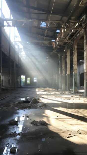 An abandoned factory building with broken windows and sunlight shining through the roof