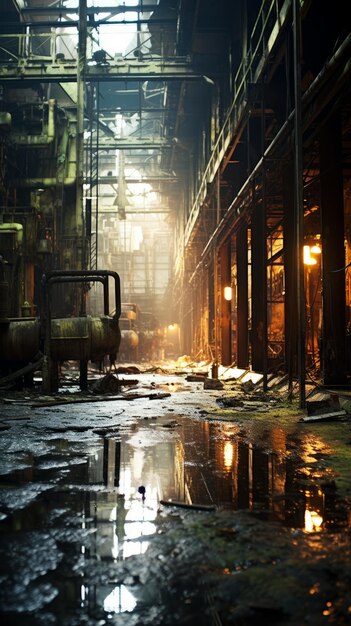 An abandoned factory building with water on the floor