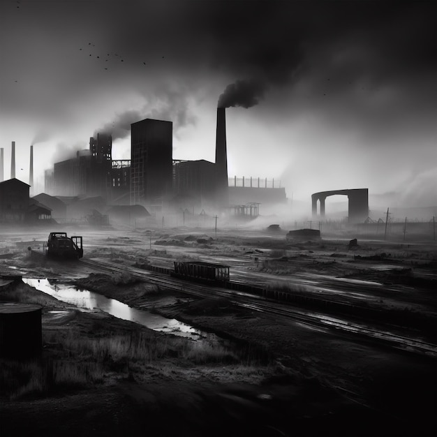 Photo abandoned factory in a foggy day 3d rendering depression