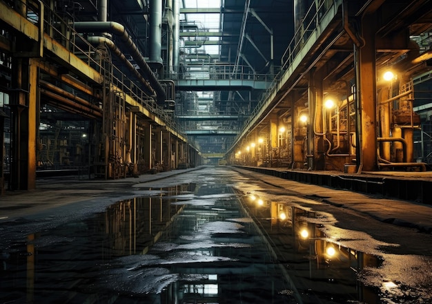 廃工場 パイプと錆びた金属構造物のある廃工場の内部