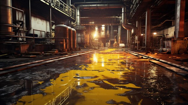 abandoned factory with yellow pipes