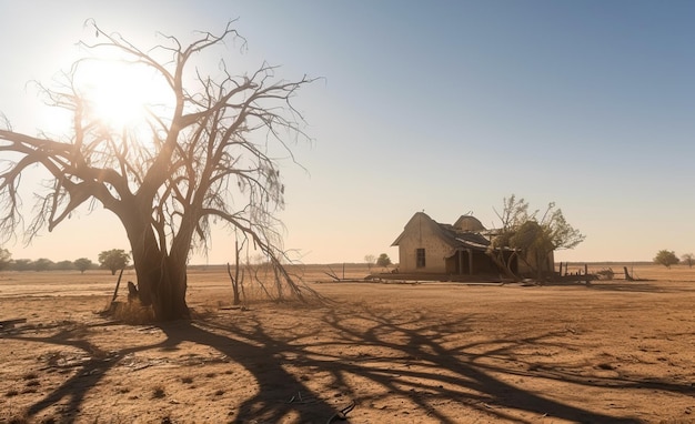 Abandoned farm house and dried trees in arid landscape climate