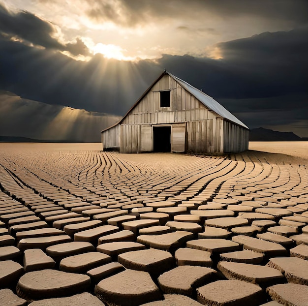 An abandoned farm with wilted crops and dry cracked soil by drought no water