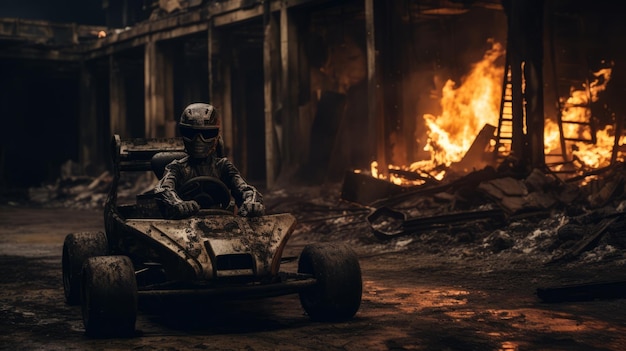 Photo abandoned gokart in fire cinematic closeup scene with panasonic lumix s pro 50mm f14