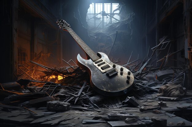 Abandoned Guitar Resting on Top of Rubble