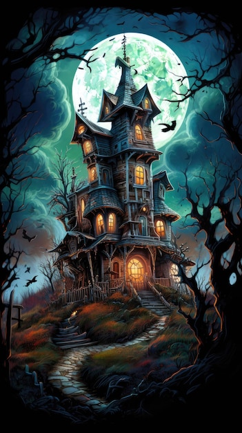 abandoned haunted mansion atop a hill commemorating Halloween