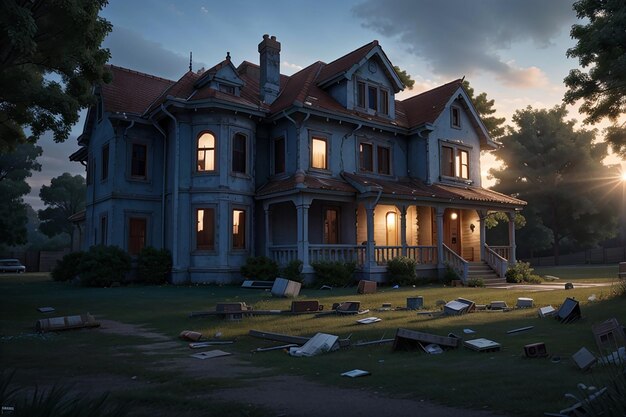 Abandoned horror house in evening with broken windows and garbage around