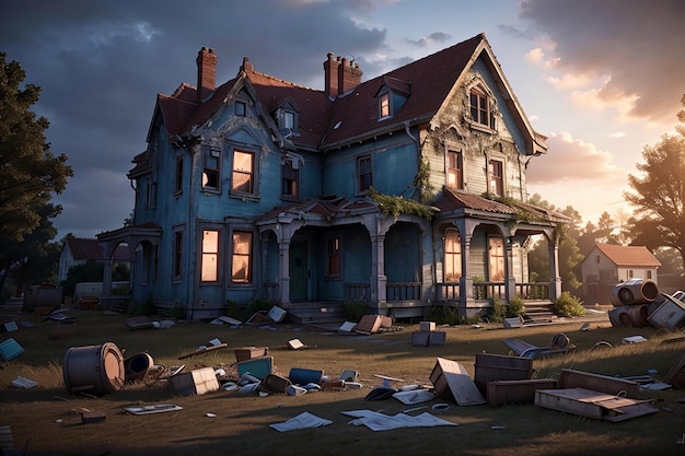 Abandoned horror house in evening with broken windows and garbage around