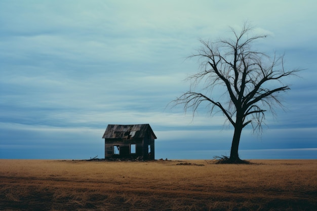 An abandoned house in the middle of a field