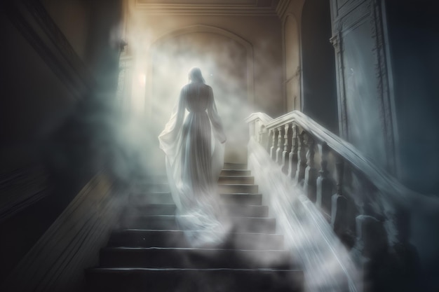 写真 捨てられた家の部屋と白い女性の幽霊 霧の囲気