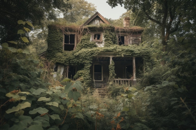 An abandoned house surrounded by overgrown brush and foliage created with generative ai