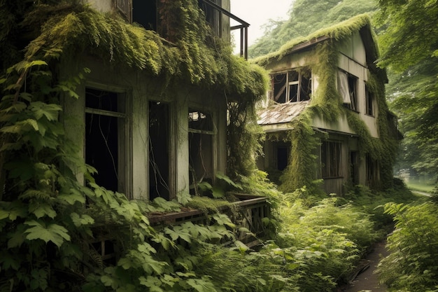 Abandoned houses with overgrown vegetation created with generative ai