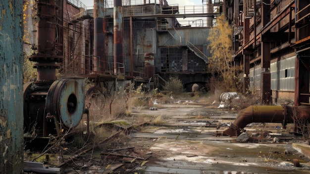 In an abandoned industrial area crumbling structures and rusted machinery serve as haunting