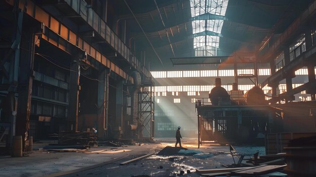 Abandoned industrial interior with workers and smoke from factory chimneys
