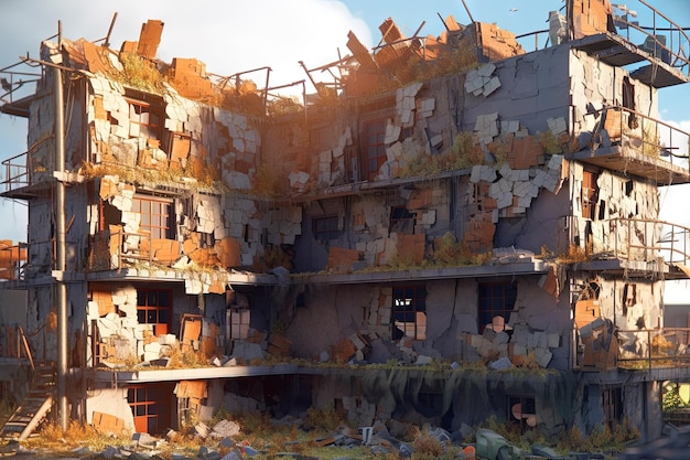 Заброшенные промышленные руины с выветрившимися строительными элементами.
