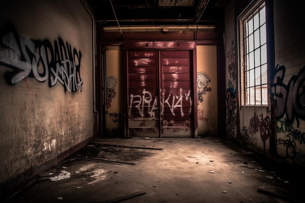 An abandoned industrial space featuring a cracked wooden floor graffiti