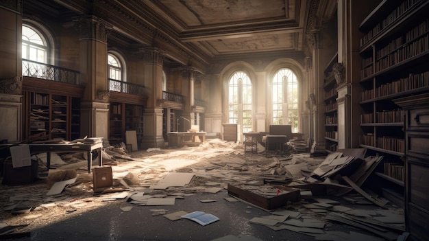 Abandoned Library with Dusty Books