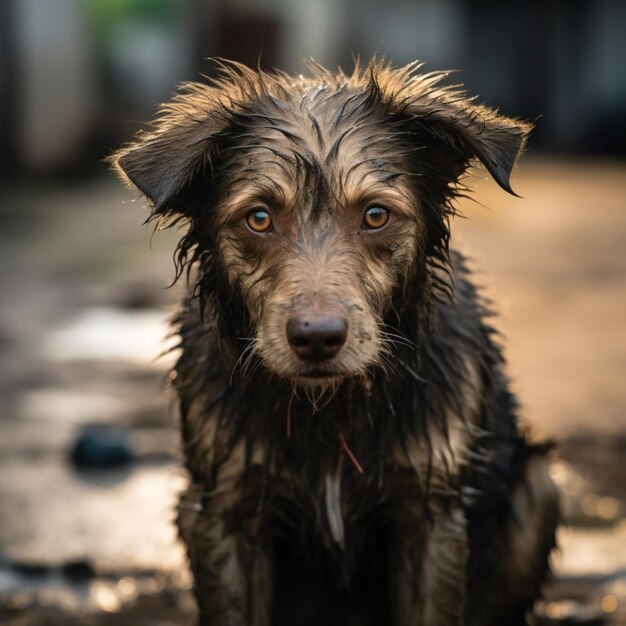 捨てられて孤独なホームレス犬が深い悲しみを表現する ソーシャルメディアの投稿サイズ