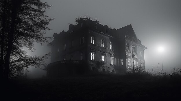 Photo abandoned mansion on a foggy halloween night