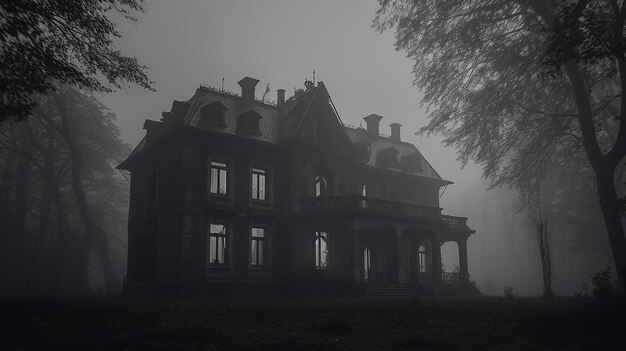 霧深いハロウィーンの夜に廃墟となった邸宅