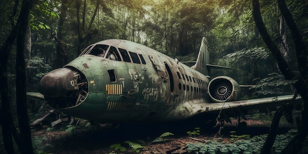 Abandoned military aircraft sitting in overgrown forest dusty and dirty AIGenerated