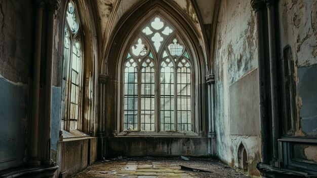Foto castello notturno abbandonato con una grande finestra gotica o cripta generative ai