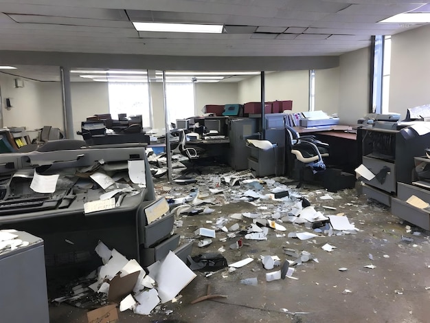 An abandoned office filled with broken computers and Generative AI content