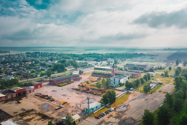 Abandoned old enterprise in belarus rainy atmospheric day view from a height