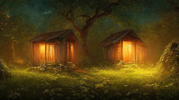 Abandoned old house hut shack overgrown with vegetation ivy and vines Magical scary fabulous dense forest no one around Building is captured by nature and vegetation 3d illustration