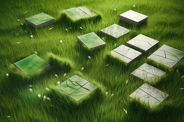 Abandoned old stone runes on a grassy meadow overgrown with grass Generative AI