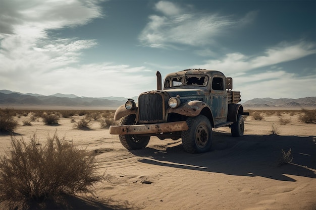 An abandoned old truck in the middle of the desert