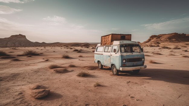 An abandoned old van sits parked in the midst of the vast desert landscape