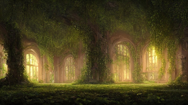 Abandoned palace castle overgrown with vegetation ivy and vines Empty atrium halls no one around Building is captured by nature and vegetation 3d illustration