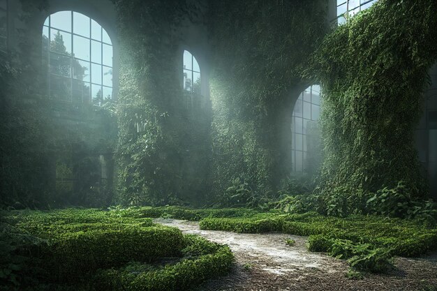 Abandoned palace castle overgrown with vegetation ivy and vines