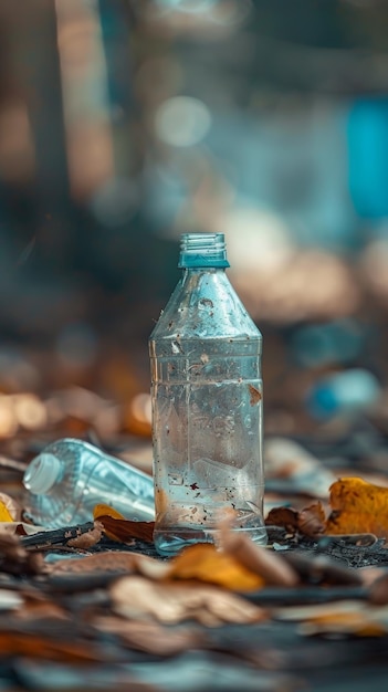 Foto una bottiglia di plastica abbandonata sul pavimento della foresta tra le foglie cadute