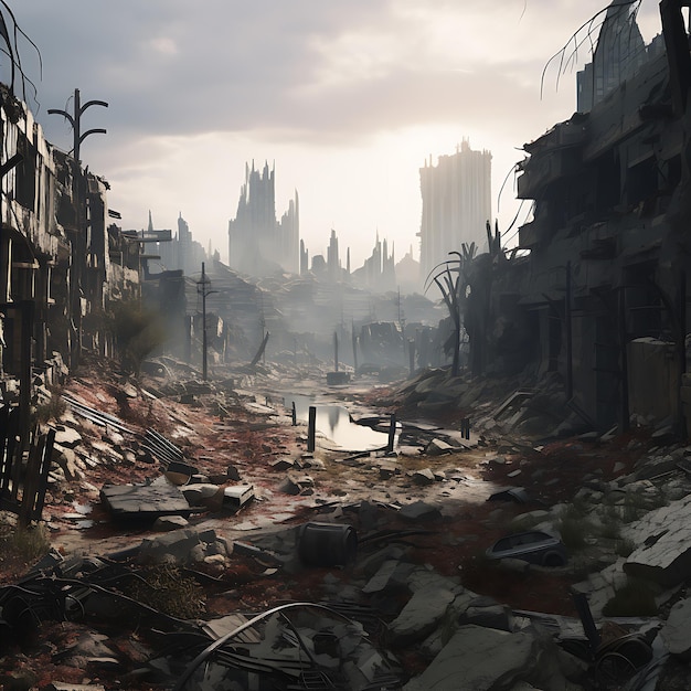 Заброшенный после апокалипсиса разрушенный и разрушенный город После апокалиптической цивилизации из-за войны