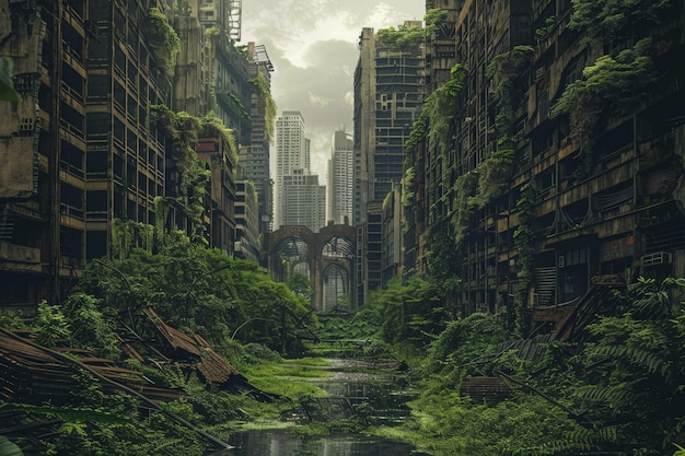 Photo abandoned postapocalyptic city overgrown ruins zombie apocalypse ruins green future dystopia