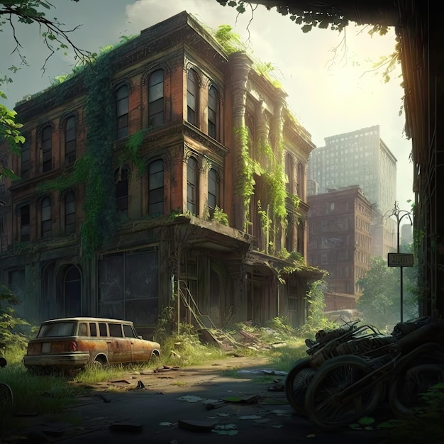 Abandoned PostApocalyptic City Overgrown Ruins Zombie Ruins 추상 생성 AI 일러스트레이션