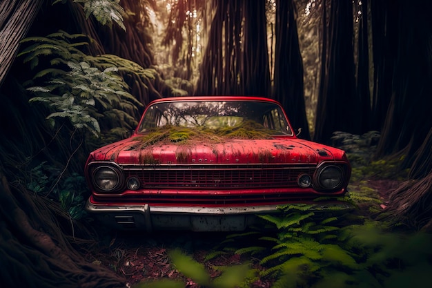 Abandoned Red car sitting in overgrown jungle dusty and dirty wide angle shot with shallow depth of field