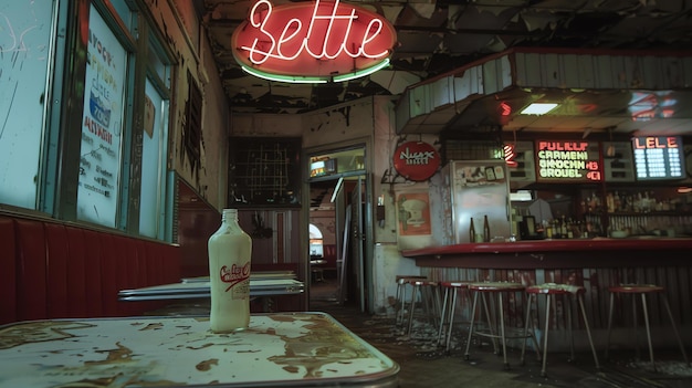 An abandoned retro diner with a neon sign that says Settle The diner is in disrepair with broken chairs and tables and a dirty floor