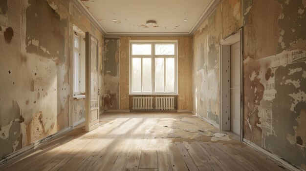 An abandoned room with peeling walls and a wooden floor exuding a sense of neglect and history waiti