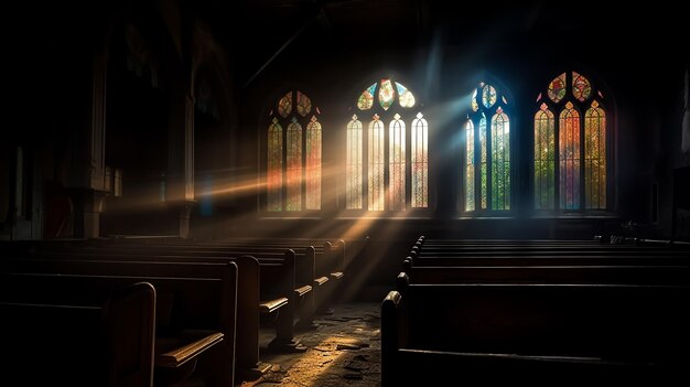 Abandoned Ruined Church Hall interior Day light dusty