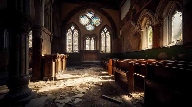 捨てられた廃墟の教会 完璧な内部 教会ホール 窓を通る劇的な自然の光