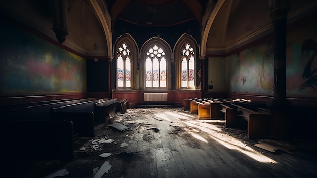Photo abandoned ruined church perfect interior church hall dramatic natural lights through windows