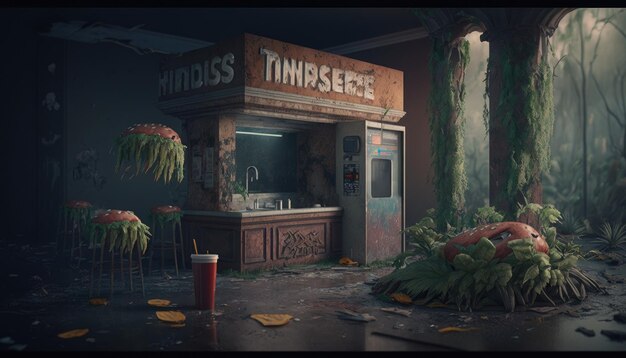 Abandoned Ruined Fastfood post apocalyptic city 도시 공포 판타지 장식 Generative ai