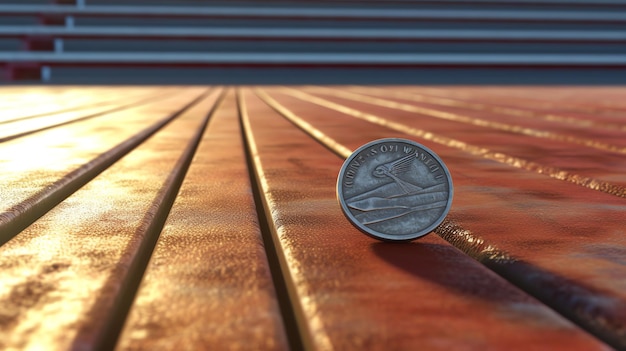 Брошенная медаль бегунов лежит на пустой дорожке