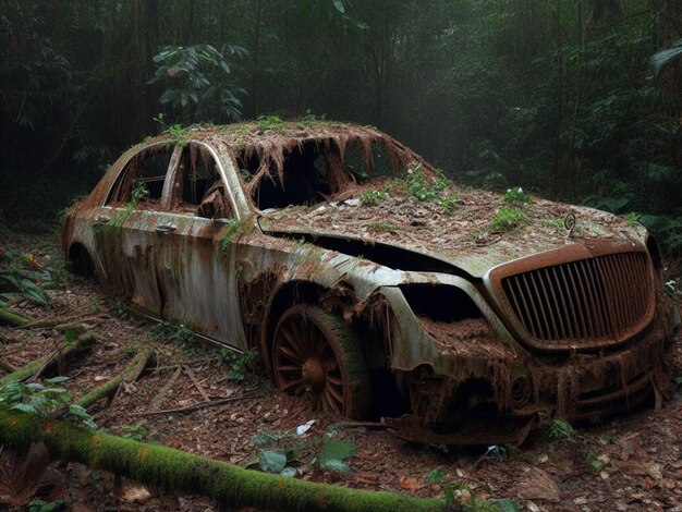 Abandoned rusty petrol luxury sedan car banned for co2 emission agenda growth plants bloom flowers