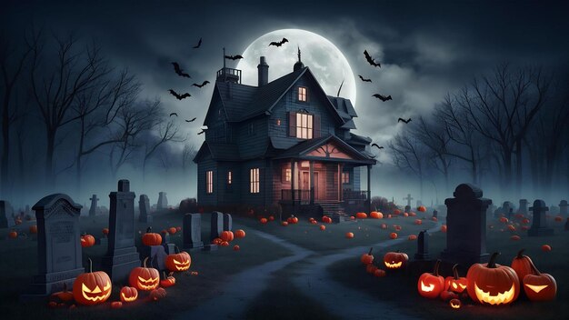 Photo abandoned scary house near the cemetery in the forest with pumpkins a full moon bats and fog pumpki