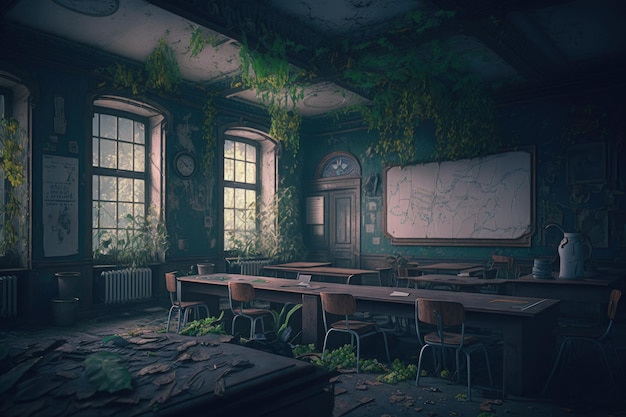 Abandoned school interior in destroyed post apocalyptic world City catastrophe AI