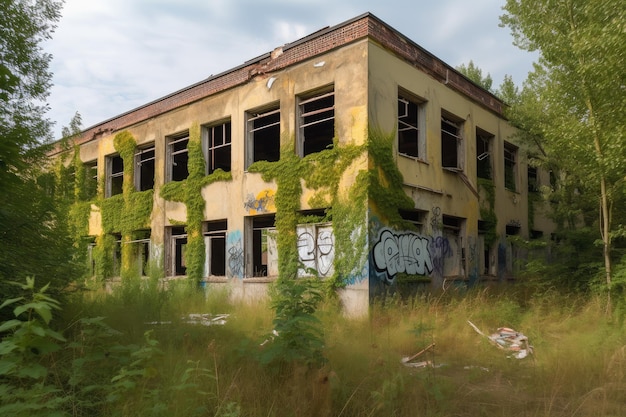 Abandoned school with broken windows and graffiti on the walls surrounded by overgrown vegetation